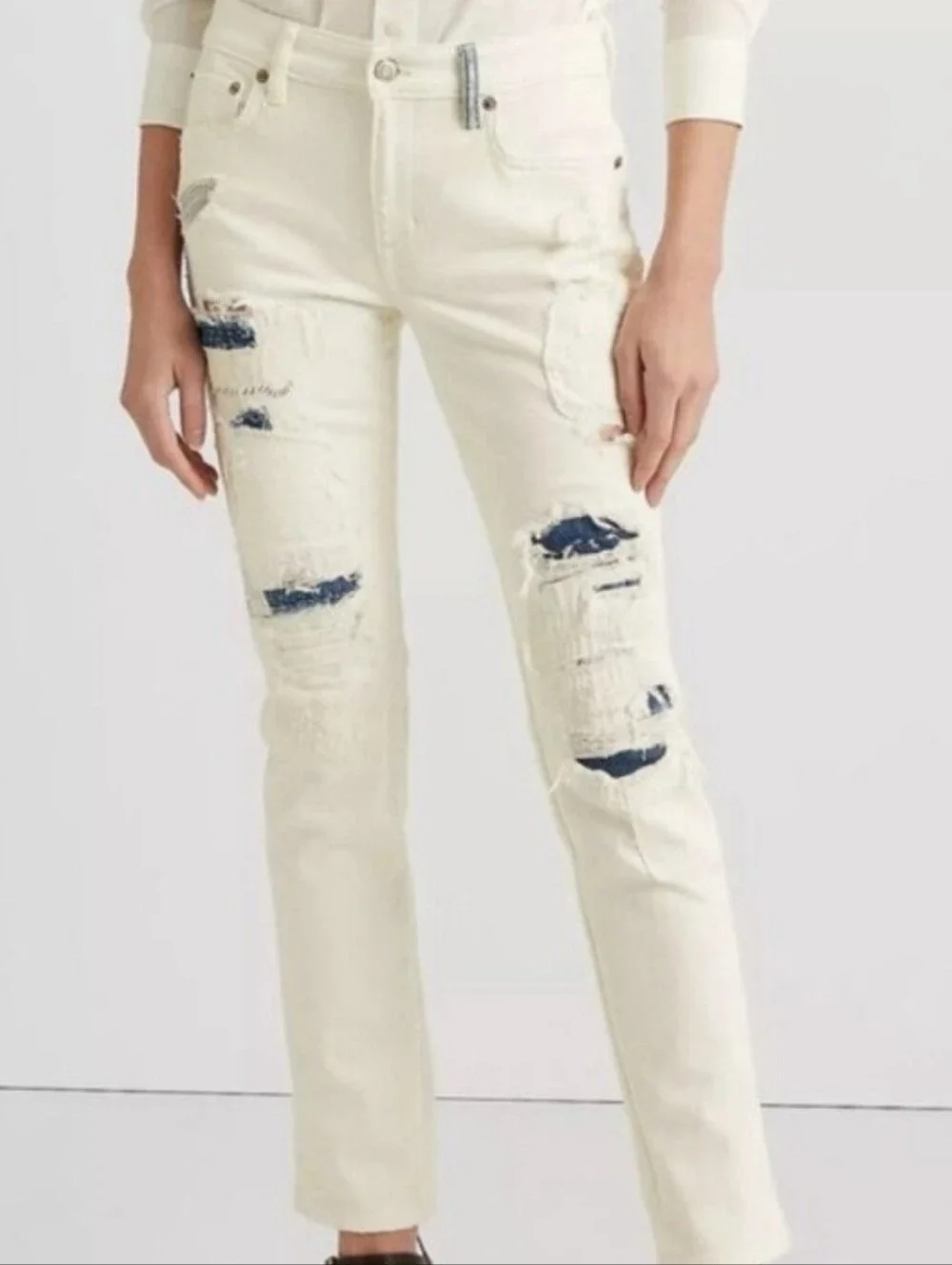 Ralph Lauren Ivory Distressed Patchwork Jeans 4 SMALL